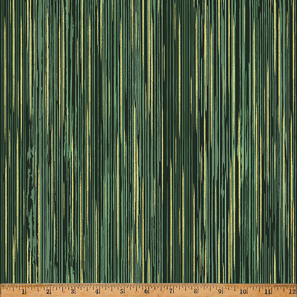 Green fabric with vertical striped pattern, measured by a ruler at the bottom.