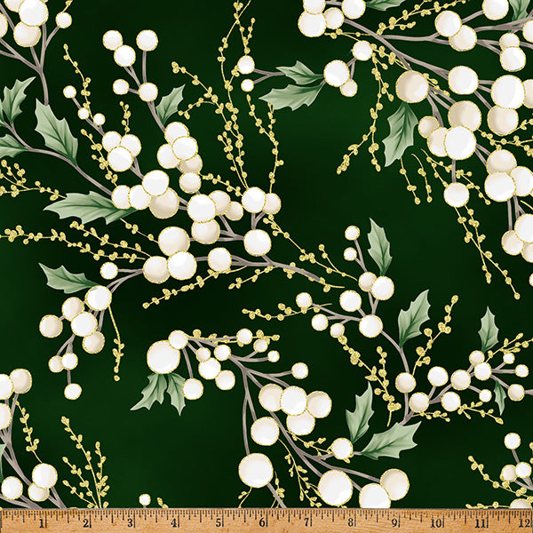 Fabric Hoffman Forest/Gold Holly Berry Sprigs Christmas Wish Metallic by the Quarter Yard Y7821-44G
