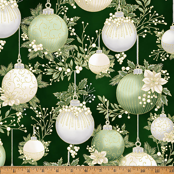 Fabric Hoffman Forest/Gold Ornaments Christmas Wish Metallic by the Quarter Yard Y7822-44G
