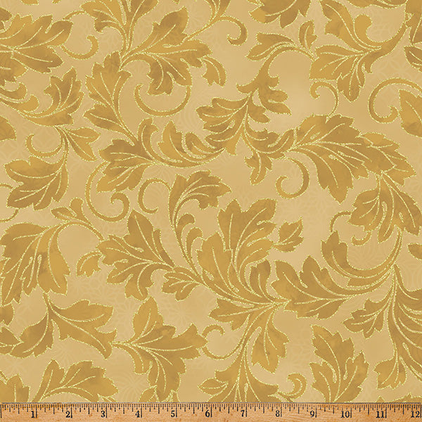 Fabric Hoffman Gold/Gold Ornate Leaves Christmas Wish Metallic by the Quarter Yard Y7823-47G