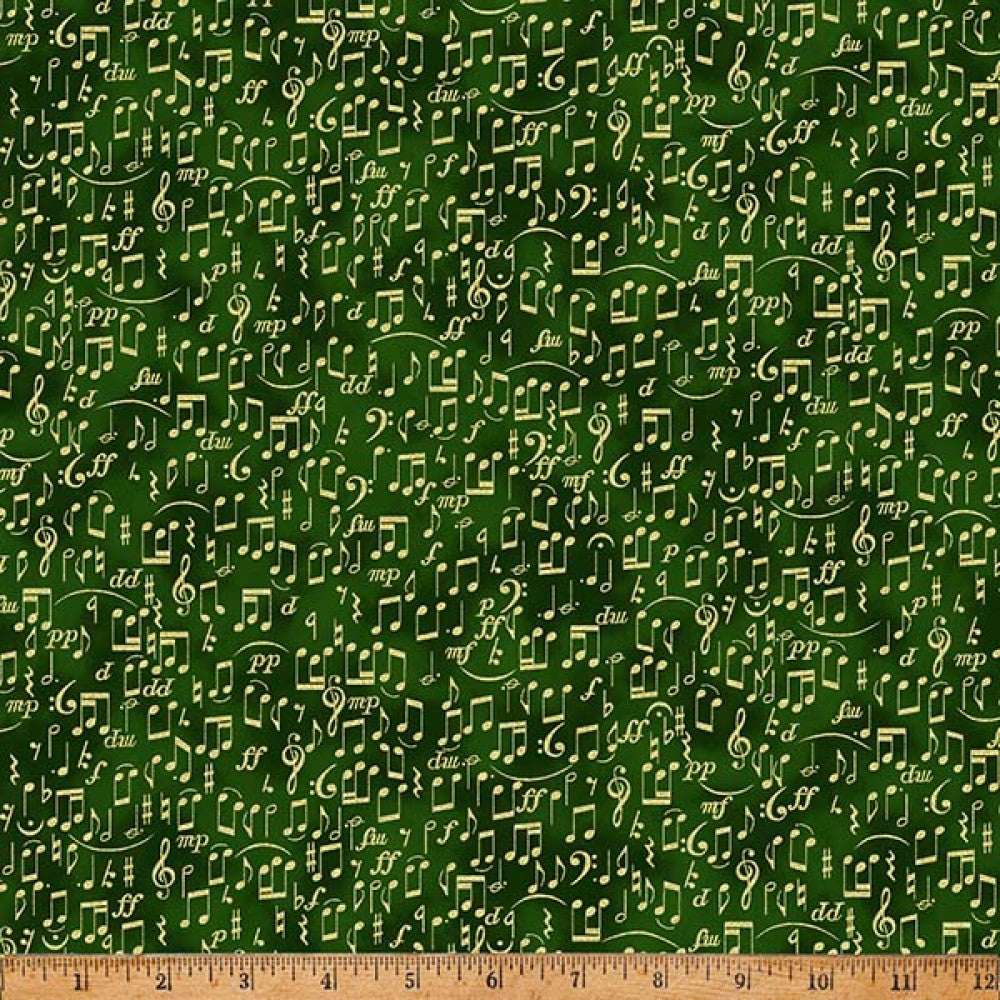 Green fabric with music note pattern
