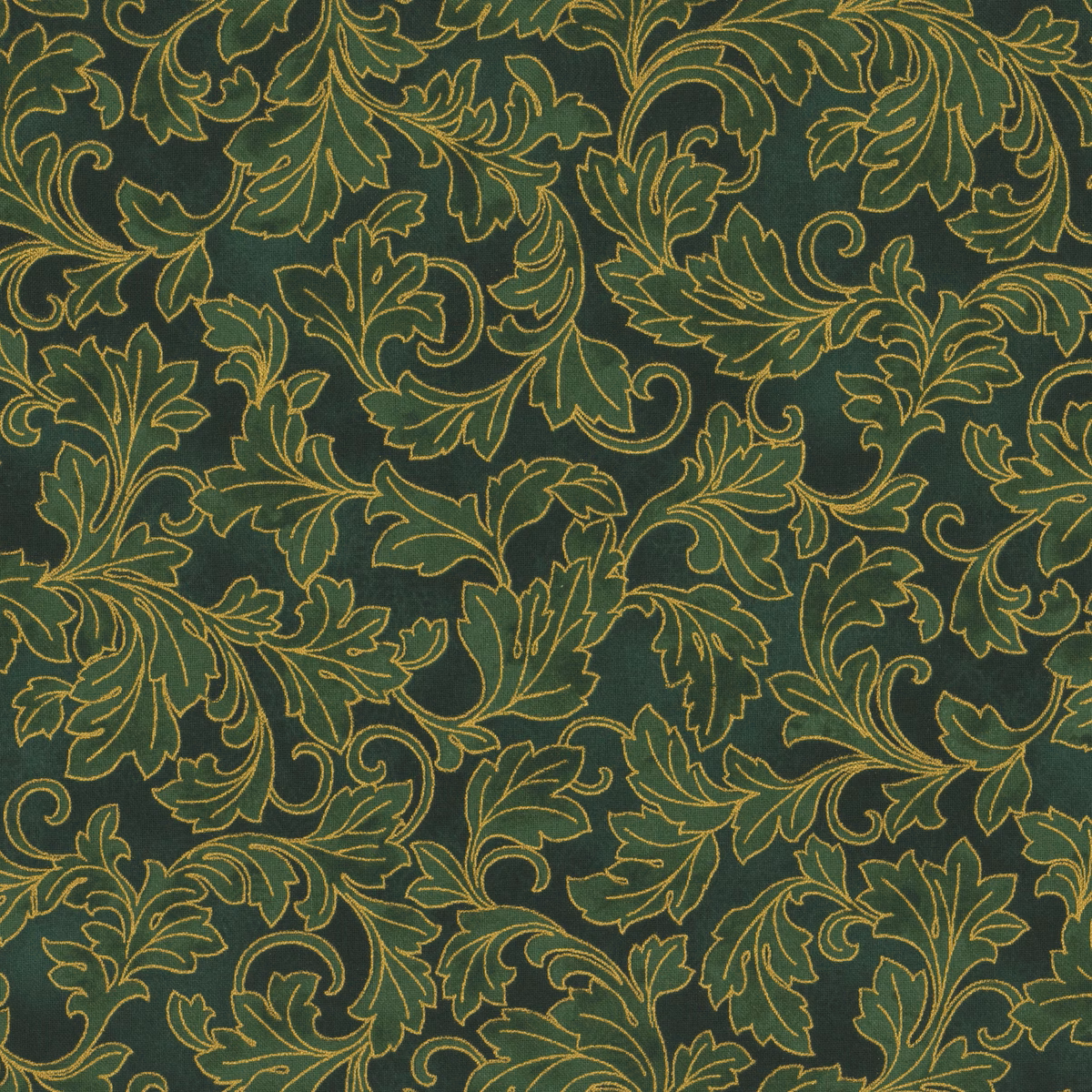 Fabric Hoffman Hunter/Gold Ornate Leaves Christmas Wish Metallic by the Quarter Yard Y7823-60G