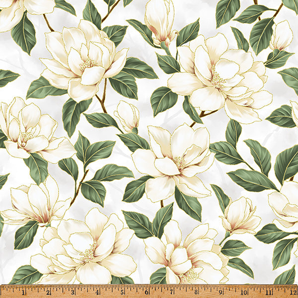 Fabric Hoffman Light Gray/Gold Floral Blooms Ornament Grove Metallic by the Quarter Yard Y7802-674G