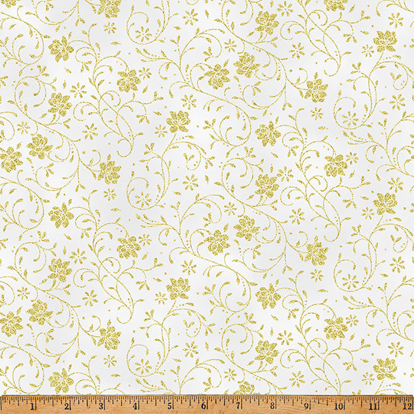 Fabric Hoffman Light Gray/Gold Floral Vine Ornament Grove Metallic by the Quarter Yard Y7807-674G