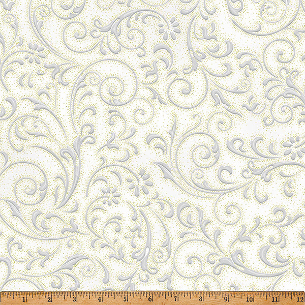 Fabric Hoffman Light Gray/Gold Flowing Swirl Ornament Grove Metallic by the Quarter Yard Y7806-674G