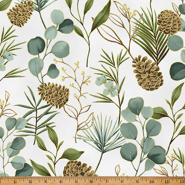 Fabric Hoffman Light Gray/Gold Foliage Ornament Grove Metallic by the Quarter Yard Y7805-674G