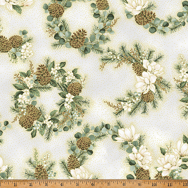 Fabric Hoffman Light Gray/Gold Magnolia Wreaths Ornament Grove Metallic by the Quarter Yard Y7803-674G