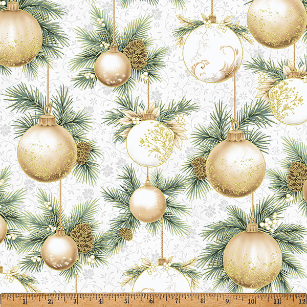 Fabric Hoffman Light Gray/Gold Ornaments Ornament Grove Metallic by the Quarter Yard Y7804-674G
