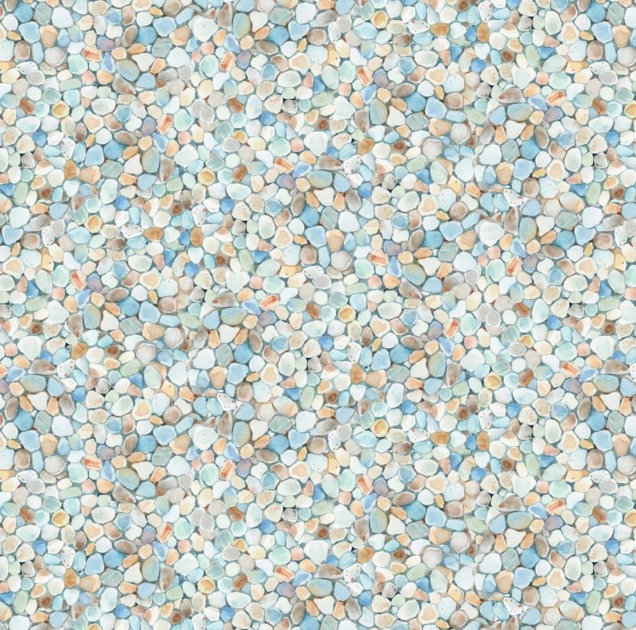 A close-up of a mosaic fabric pattern featuring small irregular pebble-shaped pieces in light blue, off-white, beige, and soft tan.