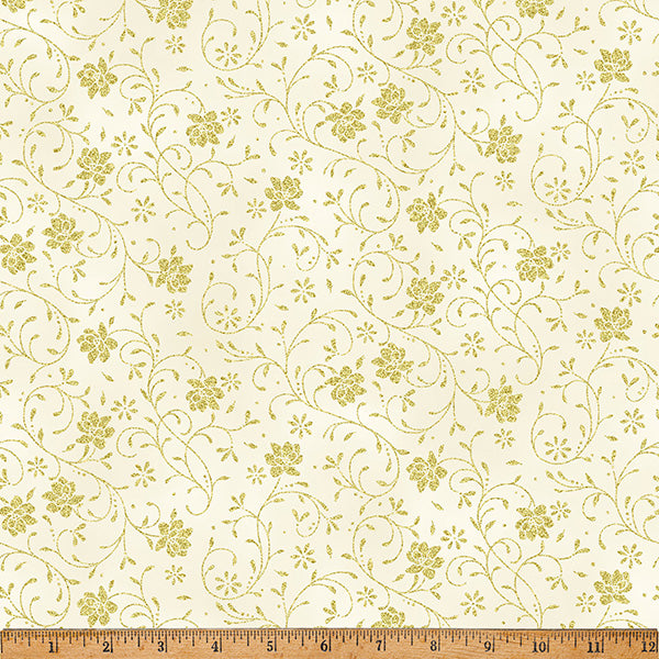 Fabric Hoffman Natural/Gold Floral Vine Ornament Grove Metallic by the Quarter Yard Y7807-20G