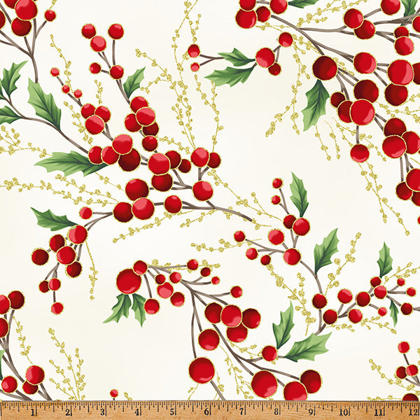 Fabric Hoffman Natural/Gold Holly Berry Sprigs Christmas Wish Metallic by the Quarter Yard Y7821-20G