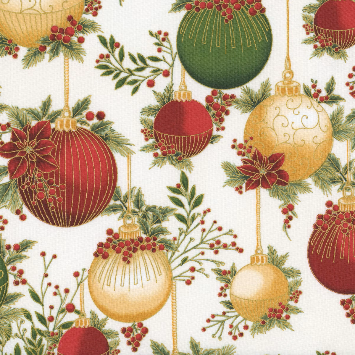 Fabric Hoffman Natural/Gold Ornaments Christmas Wish Metallic by the Quarter Yard Y7822-20G