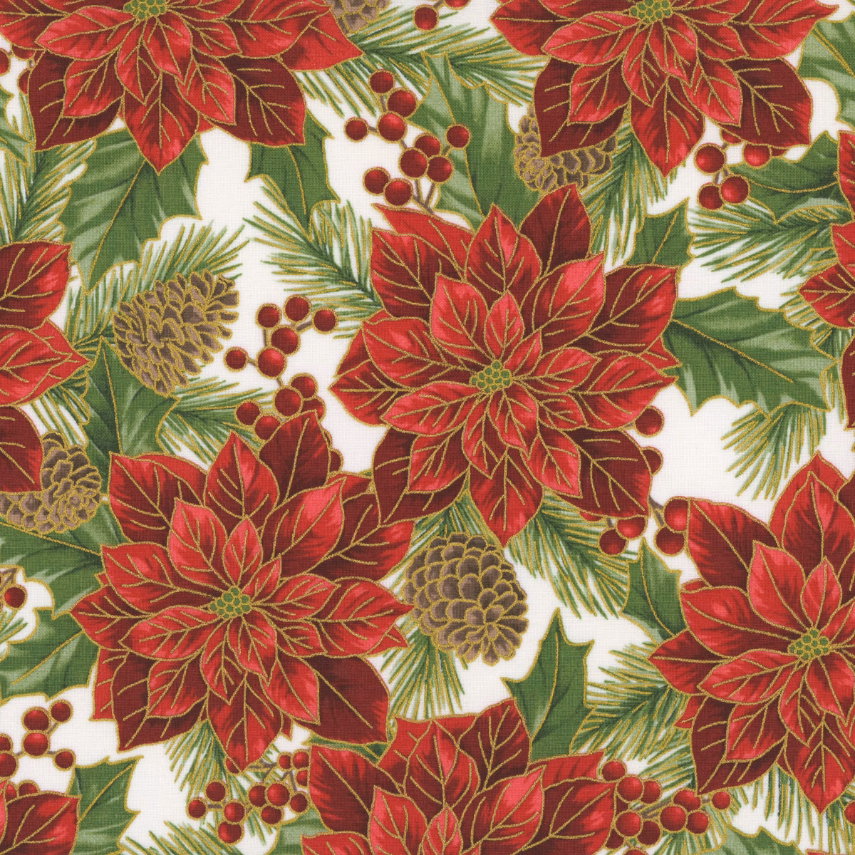 Fabric Hoffman Natural/Gold Poinsettias Christmas Wish Metallic by the Quarter Yard Y7820-20G