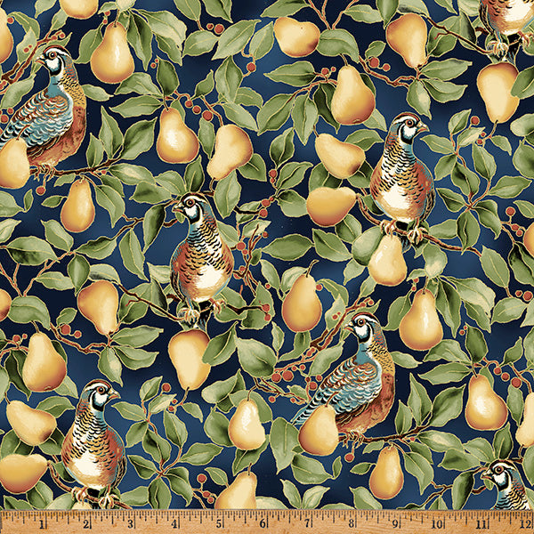 Fabric pattern with birds and pears on a blue background, ruler at the bottom for scale.