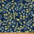Fabric with green and blue leaf pattern on a navy background, ruler at the bottom for scale.