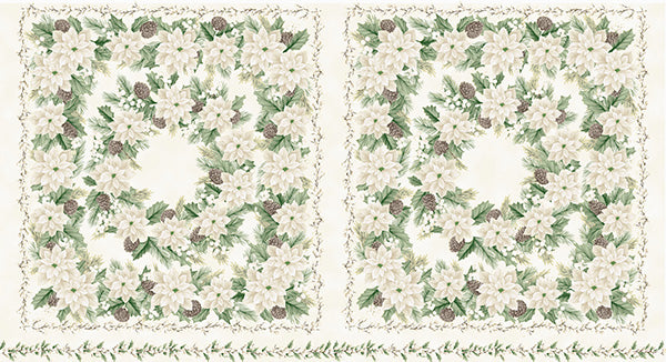 Fabric Hoffman Parchment/Gold Christmas Wish Double Poinsettia Metallic Panel Y7825-134G