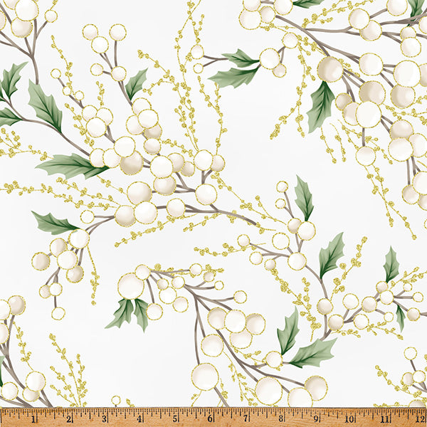 Fabric Hoffman Parchment/Gold Holly Berry Sprigs Christmas Wish Metallic by the Quarter Yard Y7821-134G