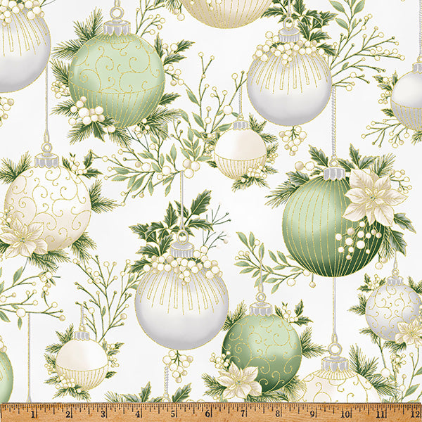 Fabric Hoffman Parchment/Gold Ornaments Christmas Wish Metallic by the Quarter Yard Y7822-134G