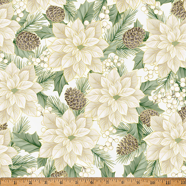 Fabric Hoffman Parchment/Gold Poinsettias Christmas Wish Metallic by the Quarter Yard Y7820-134G