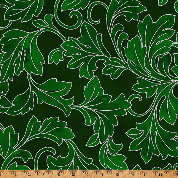 Fabric Hoffman Pine/Silver Ornate Leaves Christmas Wish Metallic by the Quarter Yard Y7823-141S
