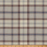 Plaid fabric with brown and blue pattern on a beige background, measured by a ruler at the bottom.