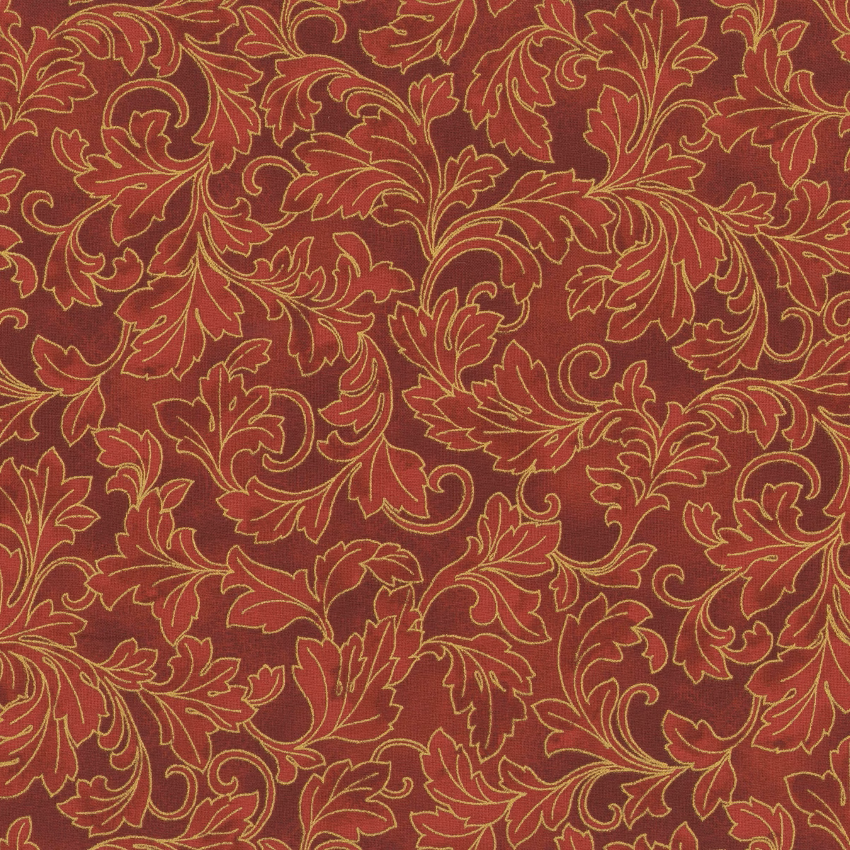 Fabric Hoffman Scarlet/Gold Ornate Leaves Christmas Wish Metallic by the Quarter Yard Y7823-78G