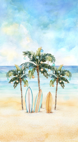 Beach scene with palm trees and surfboards under a blue sky.