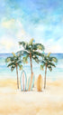 Beach scene with palm trees and surfboards under a blue sky.