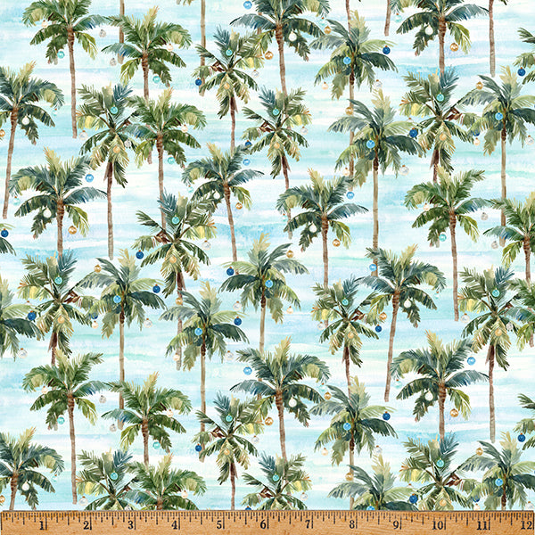 Pattern of palm trees on a blue background with a ruler at the bottom for scale.
