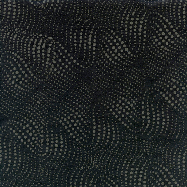 Black fabric with a repeating pattern of small light gray dots forming wavy, curved lines across the surface.