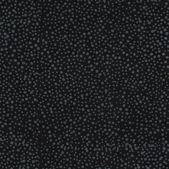 A close-up of a black fabric with a dense, small-scale gray and charcoal speckled or dotted pattern across the entire surface.