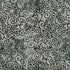 A close-up of a fabric with a repeating black ornamental swirl pattern on a muted gray-green background.