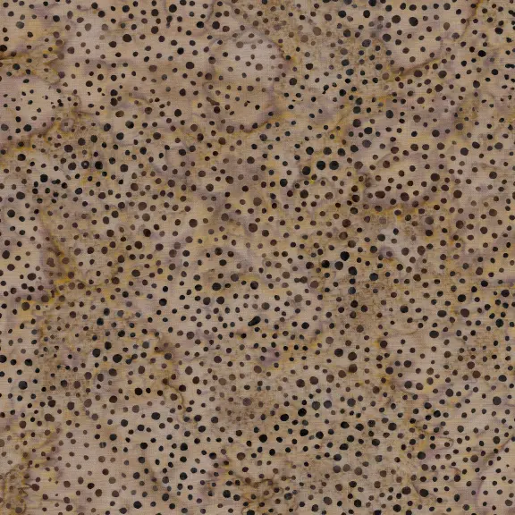 A close-up of a batik fabric pattern featuring a dense field of small black dots over a mottled beige and brown background.