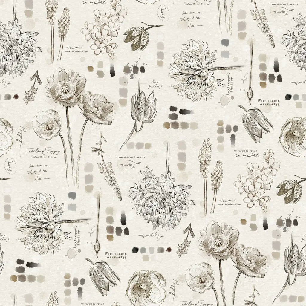 A repeating botanical pattern featuring hand-drawn-style illustrations of flowers, leaves, and botanical sketches in muted gray and taupe tones on a warm off-white background.