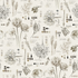 A repeating botanical pattern featuring hand-drawn-style illustrations of flowers, leaves, and botanical sketches in muted gray and taupe tones on a warm off-white background.