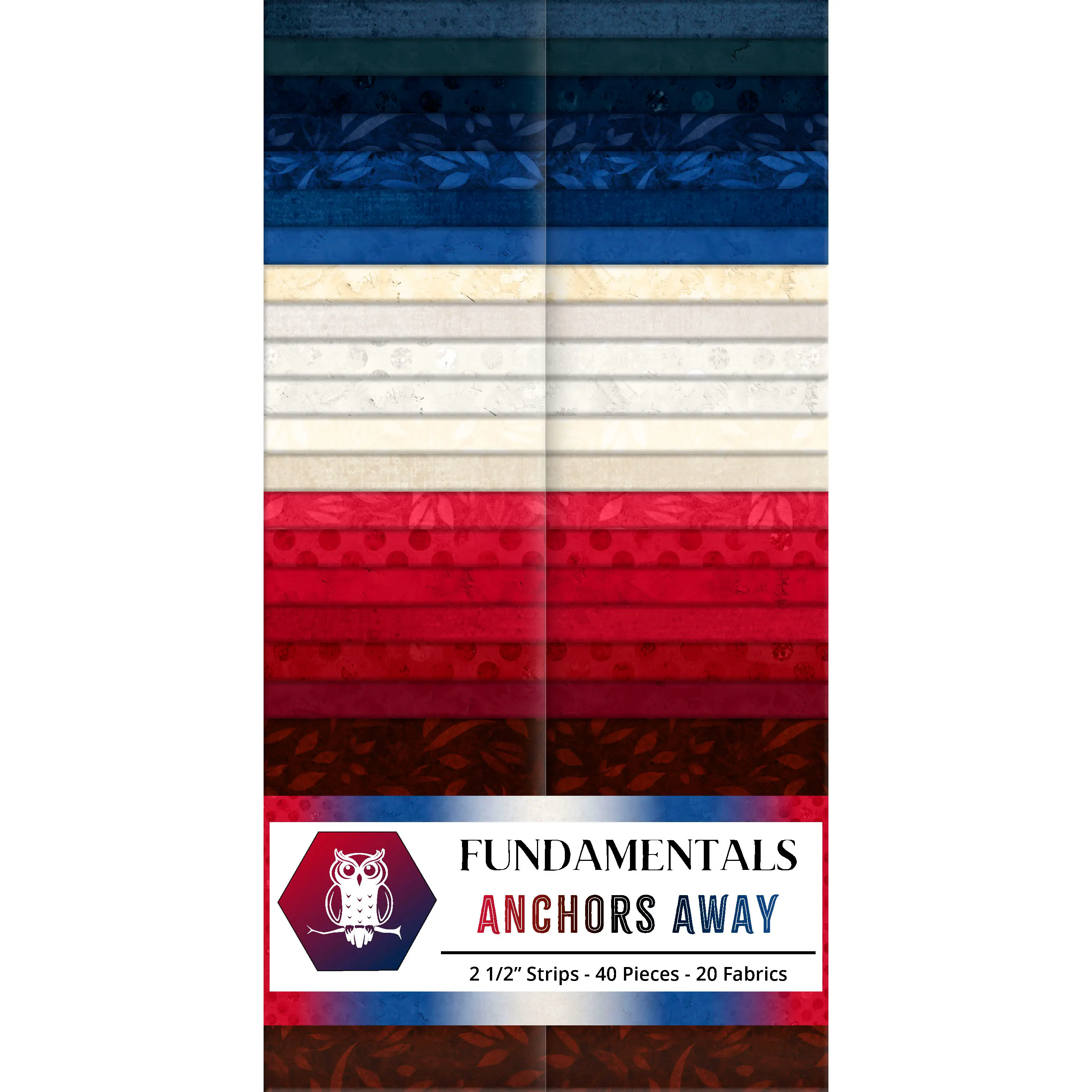 Packaging of 'Fundamentals Anchors Away' fabric strips with colorful patterned fabric swatches.