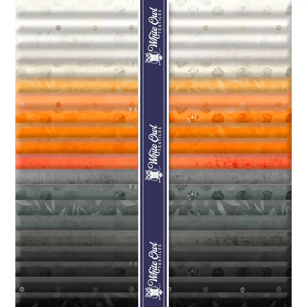 Set of fabric strips in orange, gray, and black with White Owl branding.