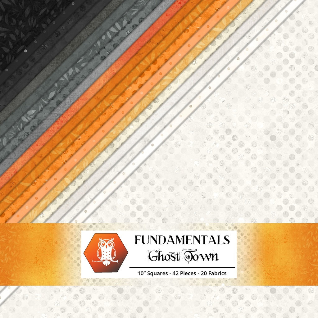 Fabric swatch with 'Ghost Town' theme and 'Fundamentals' branding on a textured background.