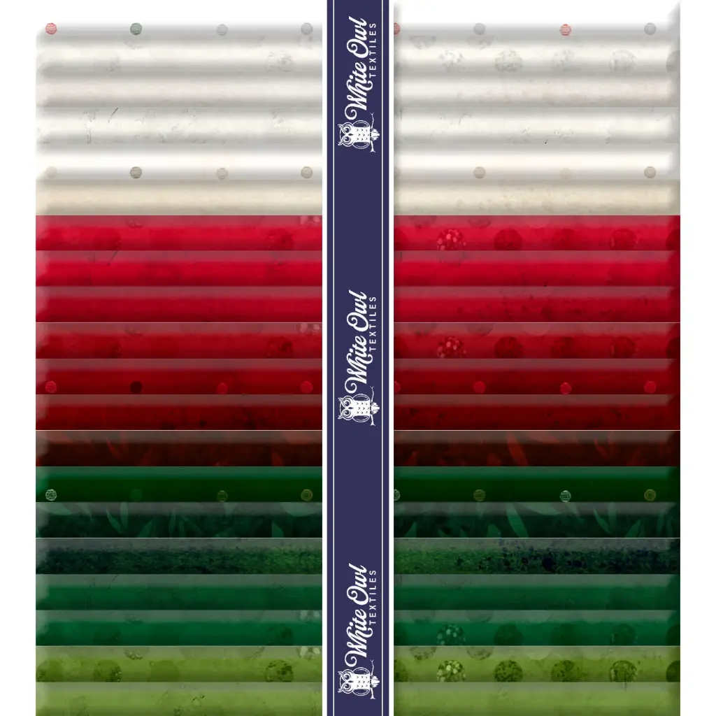 A vertical stack of patterned fabric swatches in white, red, and green, with a dark navy center band printed with the text 'White Owl'.