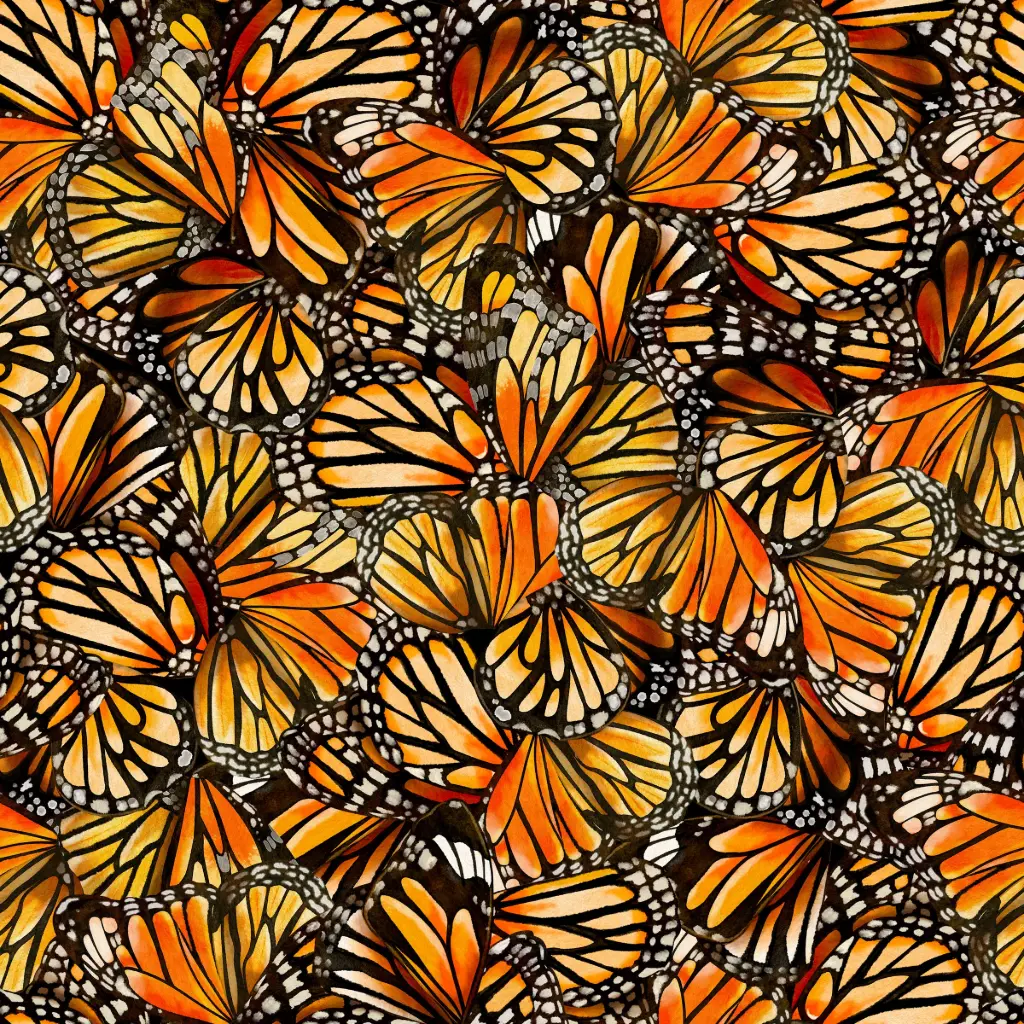 A dense, seamless pattern of overlapping monarch butterflies in vibrant orange, yellow, black, and white, filling the entire frame.