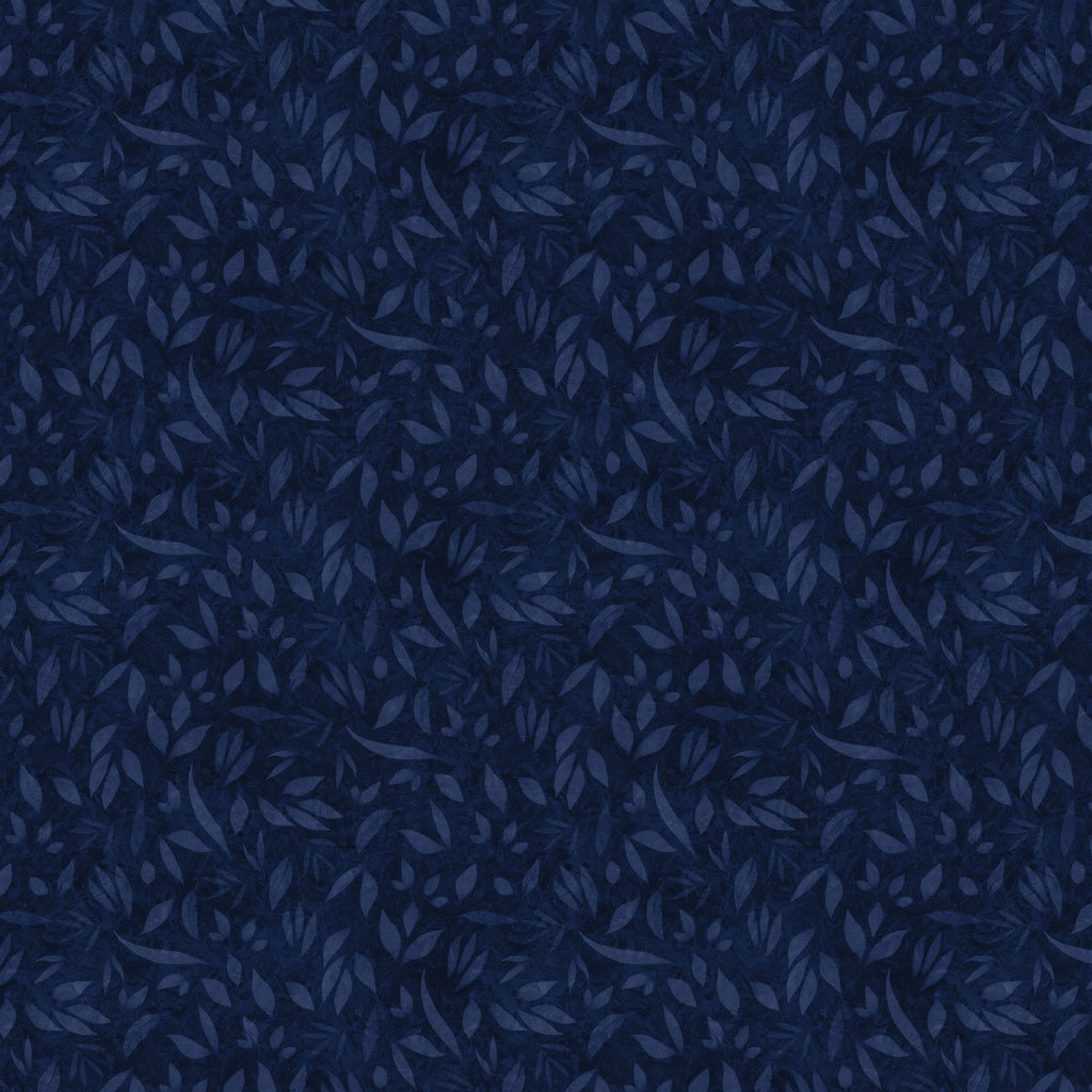 Navy blue fabric with subtle leaf pattern
