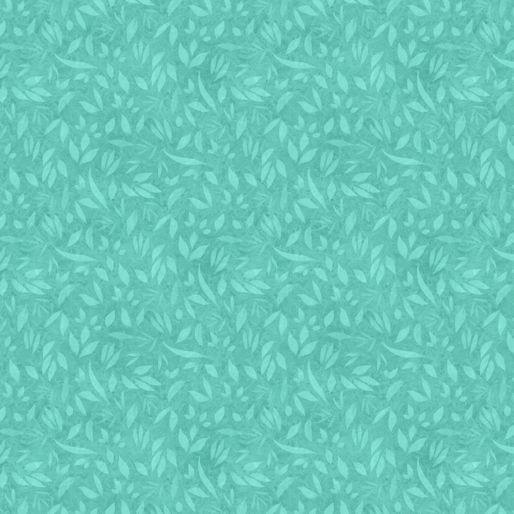 Teal background with subtle leaf pattern