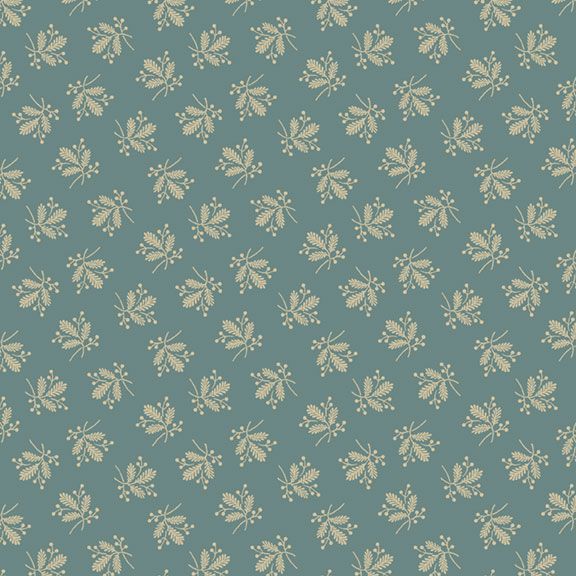 A repeating floral pattern featuring cream-colored botanical motifs on a muted teal-blue background.