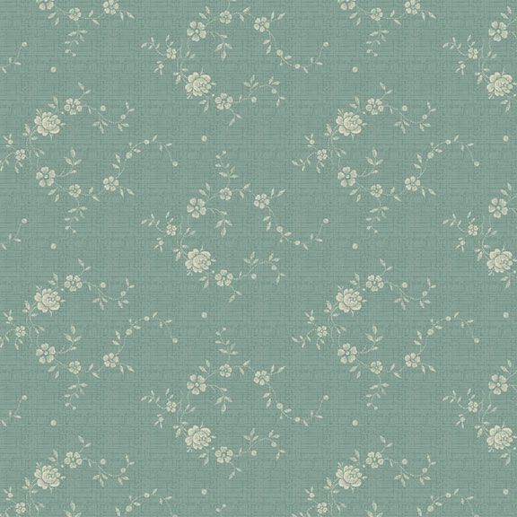 A close-up of a fabric pattern featuring a muted sage green background with a delicate, repeating cream floral and leaf motif.