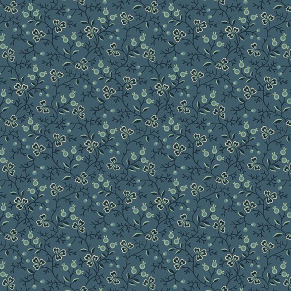 A repeating floral pattern on a muted blue-gray background, featuring small white flowers with dark green stems and leaves.