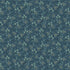 A repeating floral pattern on a muted blue-gray background, featuring small white flowers with dark green stems and leaves.
