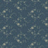 A close-up of a blue-gray fabric with a repeating cream floral and vine pattern.
