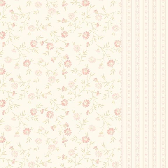 A vintage-style floral pattern fabric swatch featuring delicate pink and peach flowers with green stems on a warm cream background, with a vertical striped border on the right side.