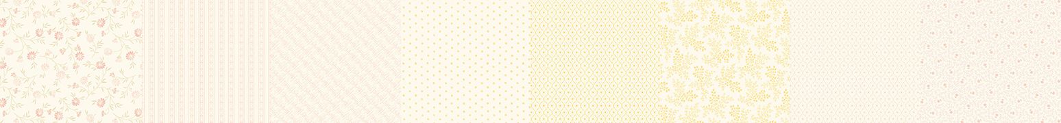 A horizontal strip showing multiple pale cream and off-white patterned swatches, including floral, striped, dotted, and wavy designs.