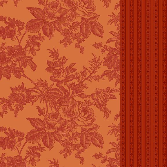 A close-up of a patterned fabric swatch with a terracotta orange background and dark red floral toile motif, plus a vertical striped patterned border on the right side.